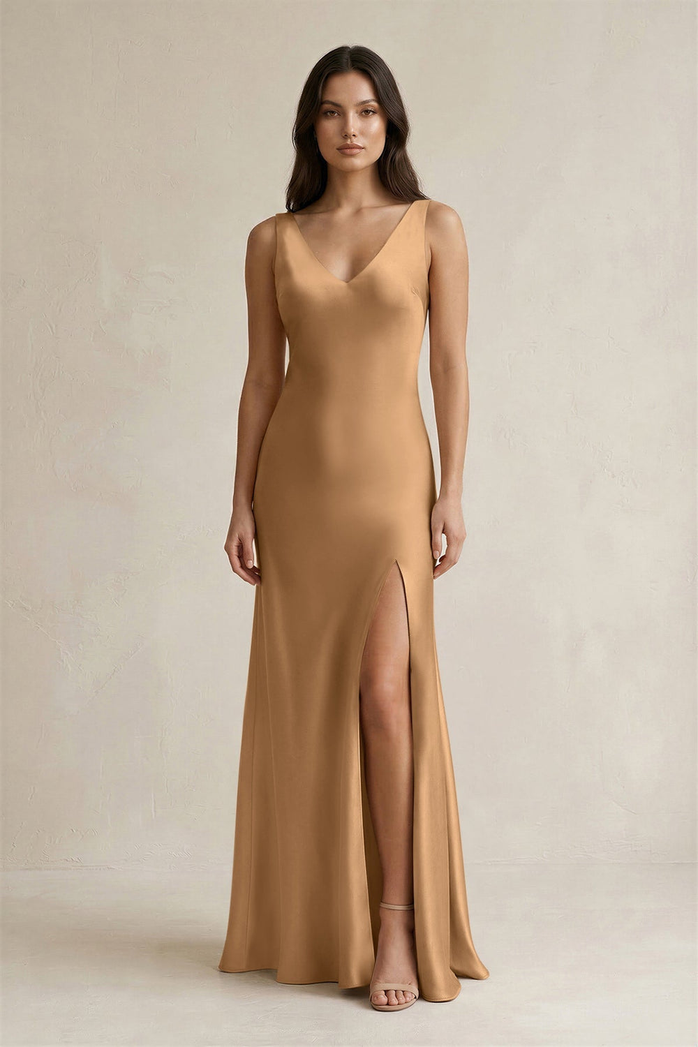 V-neck Sheath Satin Bridesmaid Dress With Back Bow in Bronzer