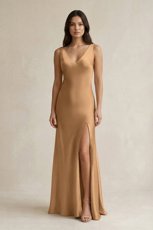 V - neck Sheath Satin Bridesmaid Dress With Back Bow in Bronzer - KISS BRIDAL Bridesmaid Dresses