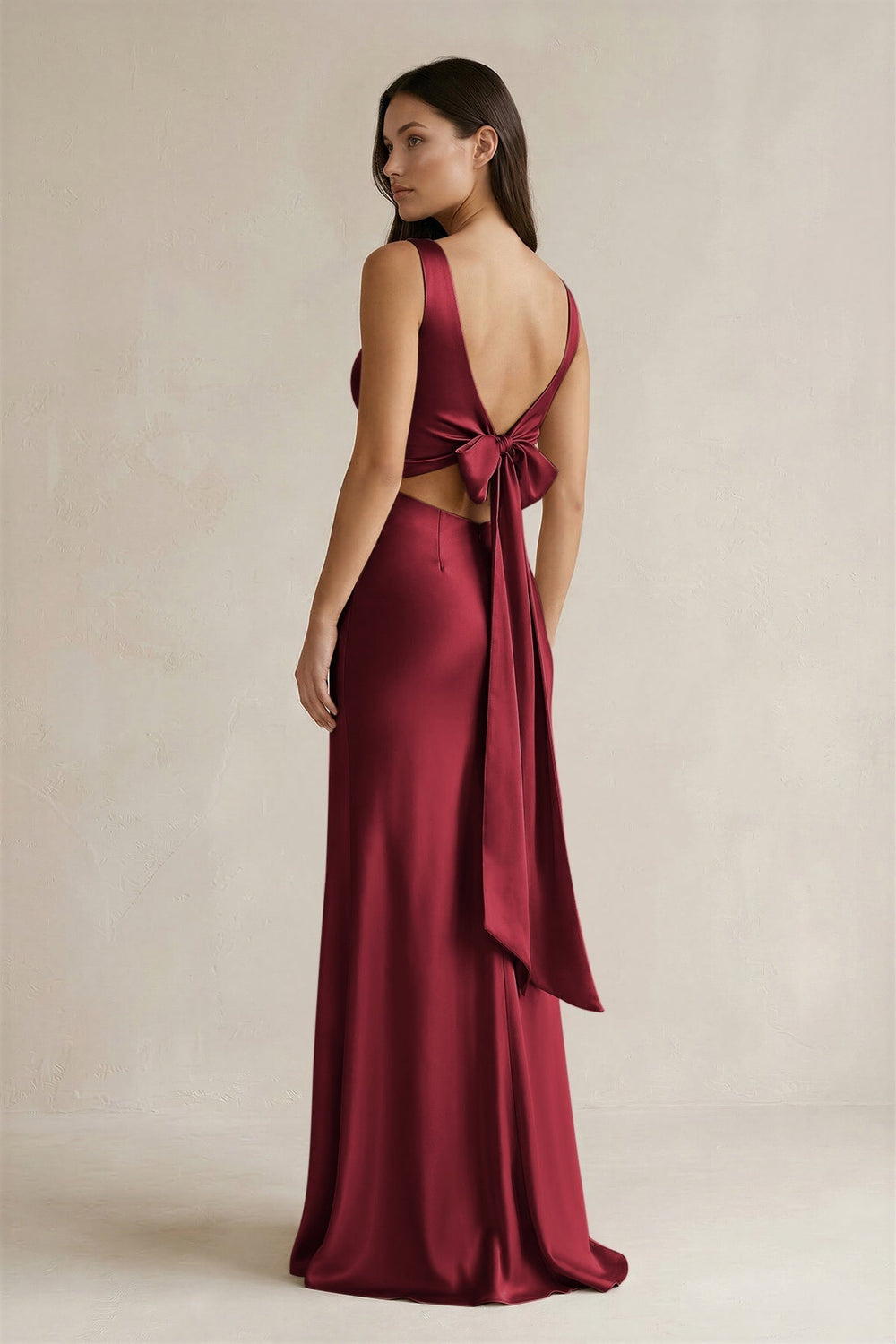 V-neck Sheath Satin Bridesmaid Dress With Back Bow in Burgundy