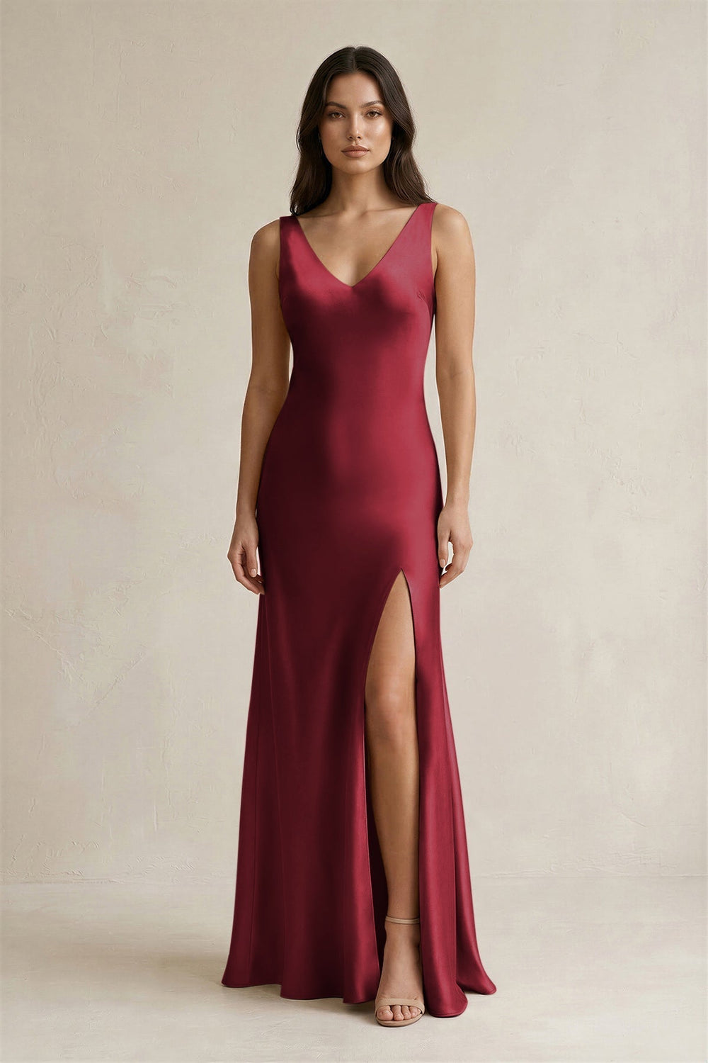 V-neck Sheath Satin Bridesmaid Dress With Back Bow in Burgundy
