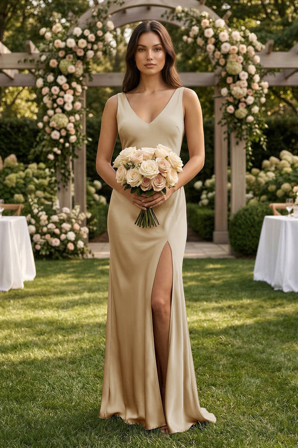 V - neck Sheath Satin Bridesmaid Dress With Back Bow in Champagne - KISS BRIDAL Bridesmaid Dresses