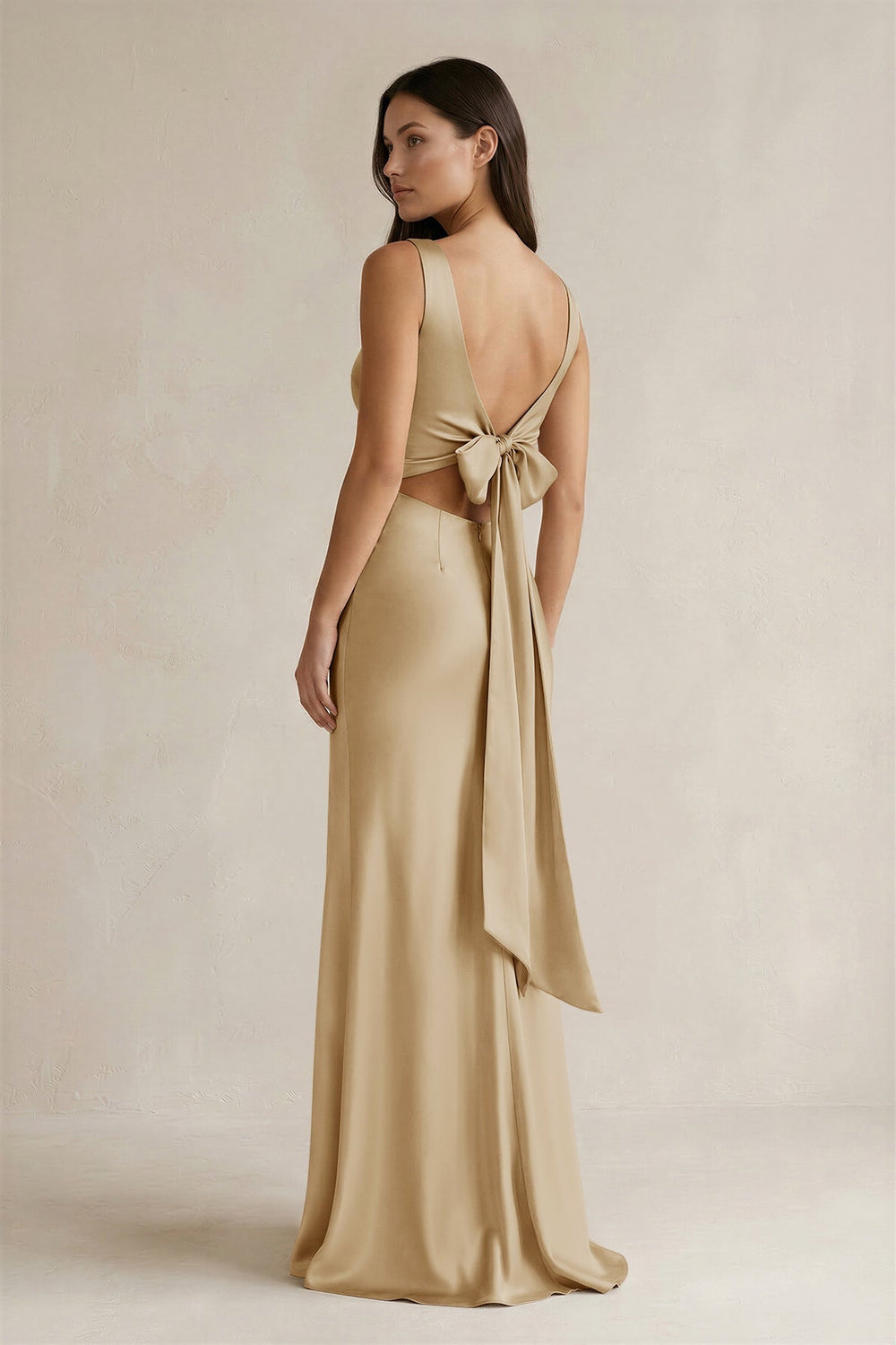 V-neck Sheath Satin Bridesmaid Dress With Back Bow in Champagne