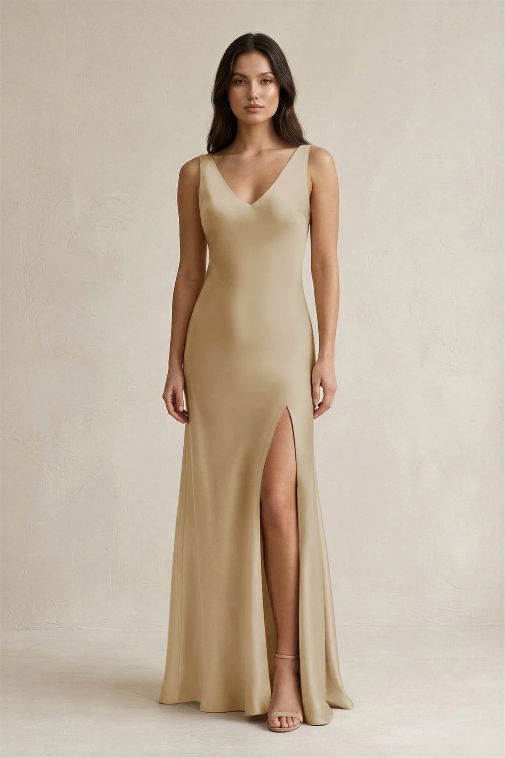 V-neck Sheath Satin Bridesmaid Dress With Back Bow in Champagne