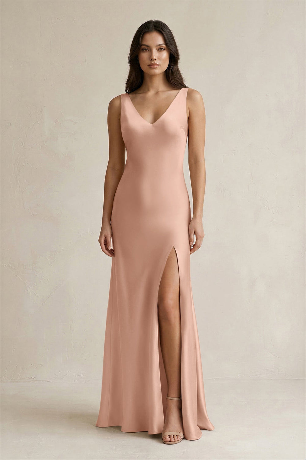 V-neck Sheath Satin Bridesmaid Dress With Back Bow in Champagne Rose