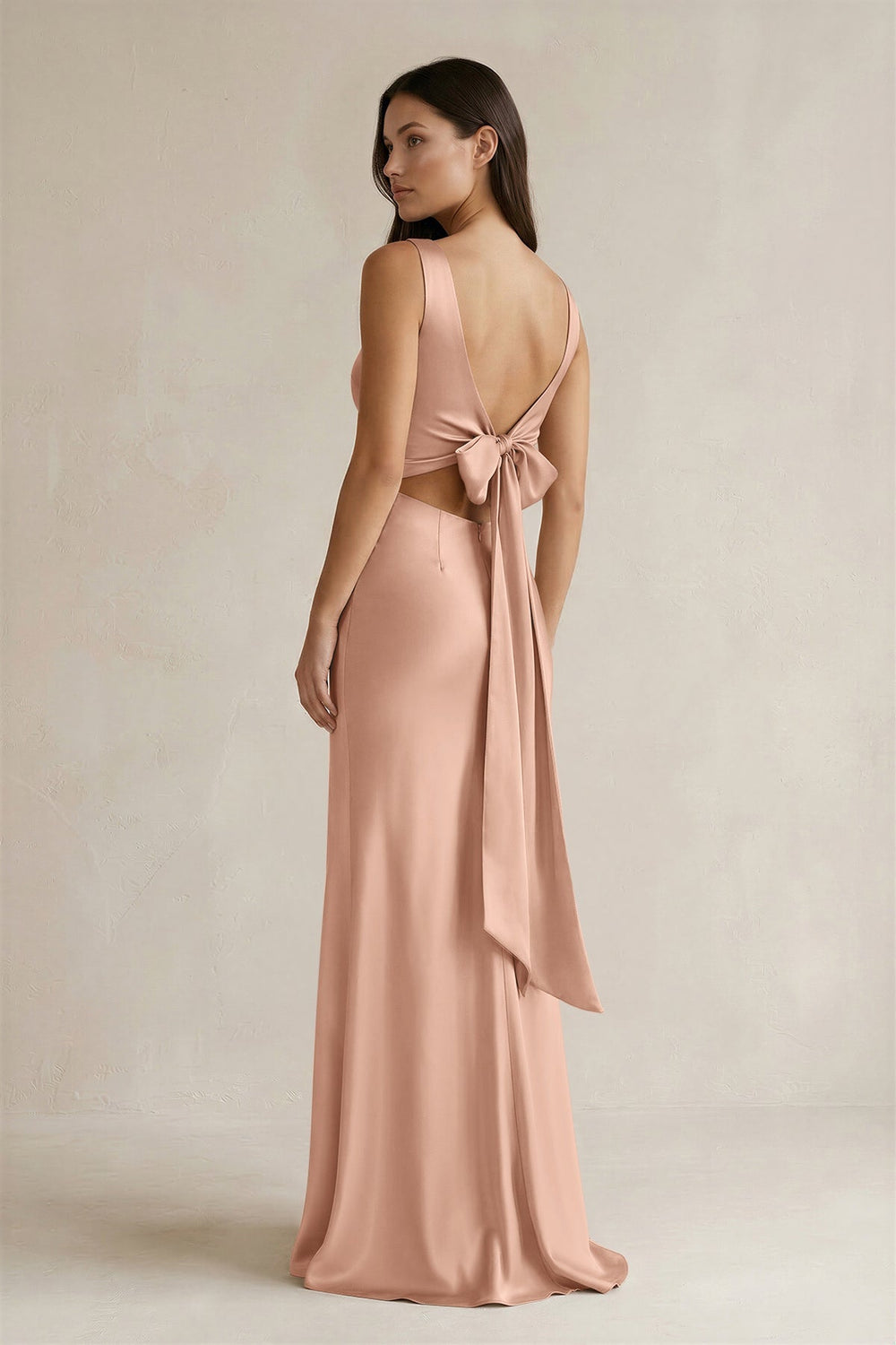 V-neck Sheath Satin Bridesmaid Dress With Back Bow in Champagne Rose