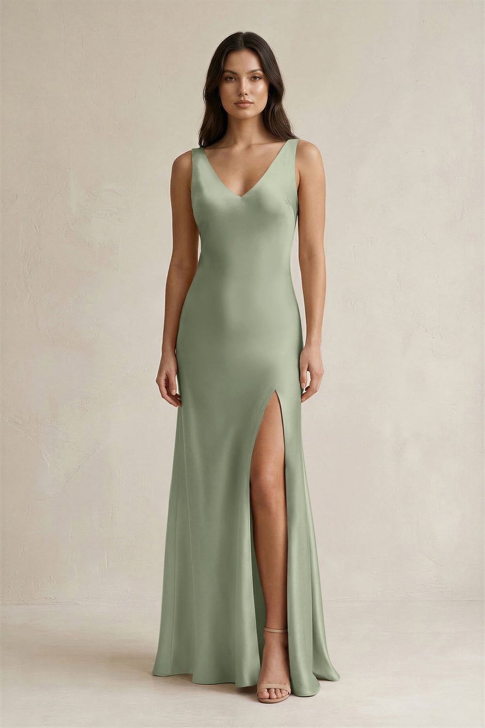 V-neck Sheath Satin Bridesmaid Dress With Back Bow in Dove Gray