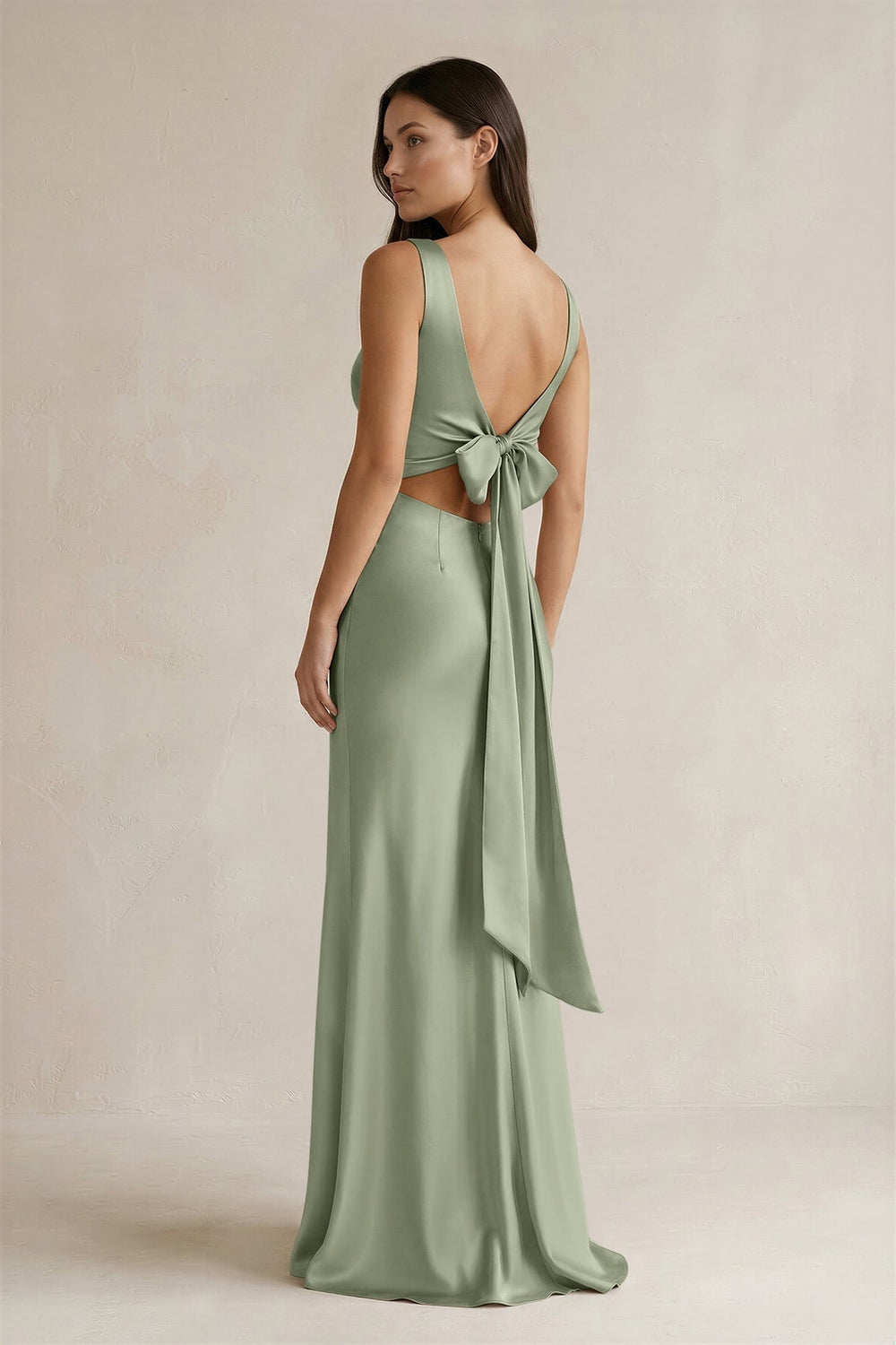 V-neck Sheath Satin Bridesmaid Dress With Back Bow in Dove Gray
