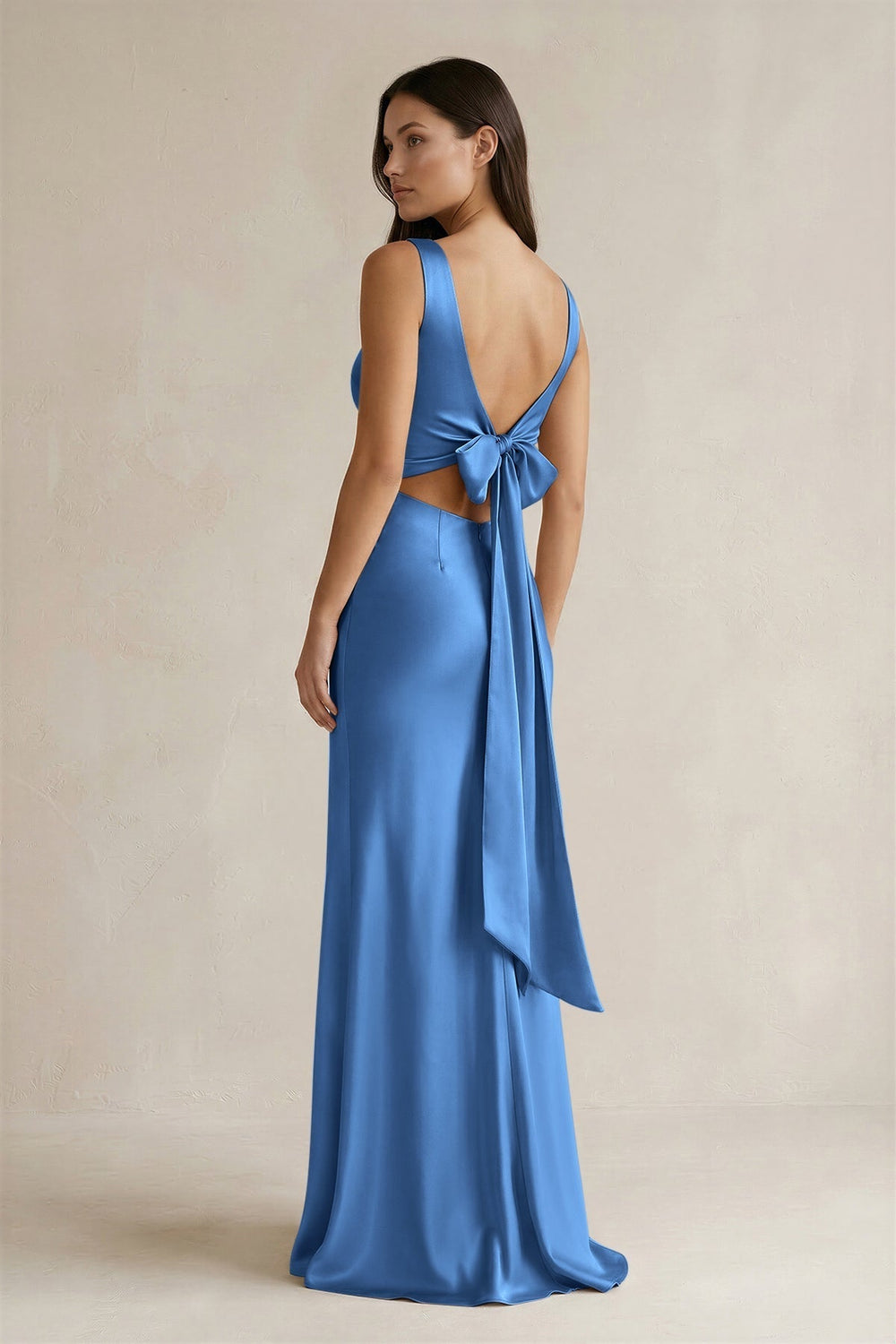 V-neck Sheath Satin Bridesmaid Dress With Back Bow in Dusty Blue