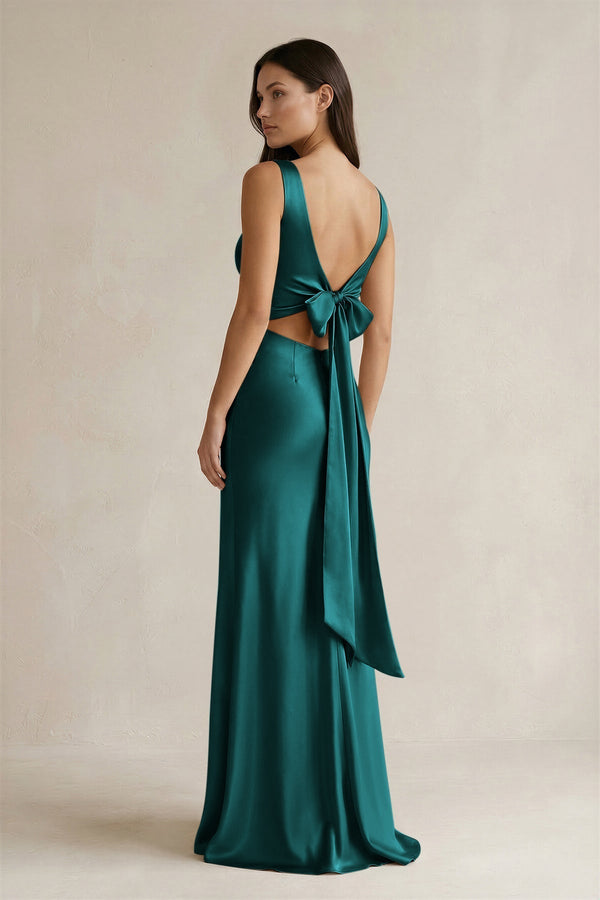 V - neck Sheath Satin Bridesmaid Dress With Back Bow in Emerald - KISS BRIDAL Bridesmaid Dresses