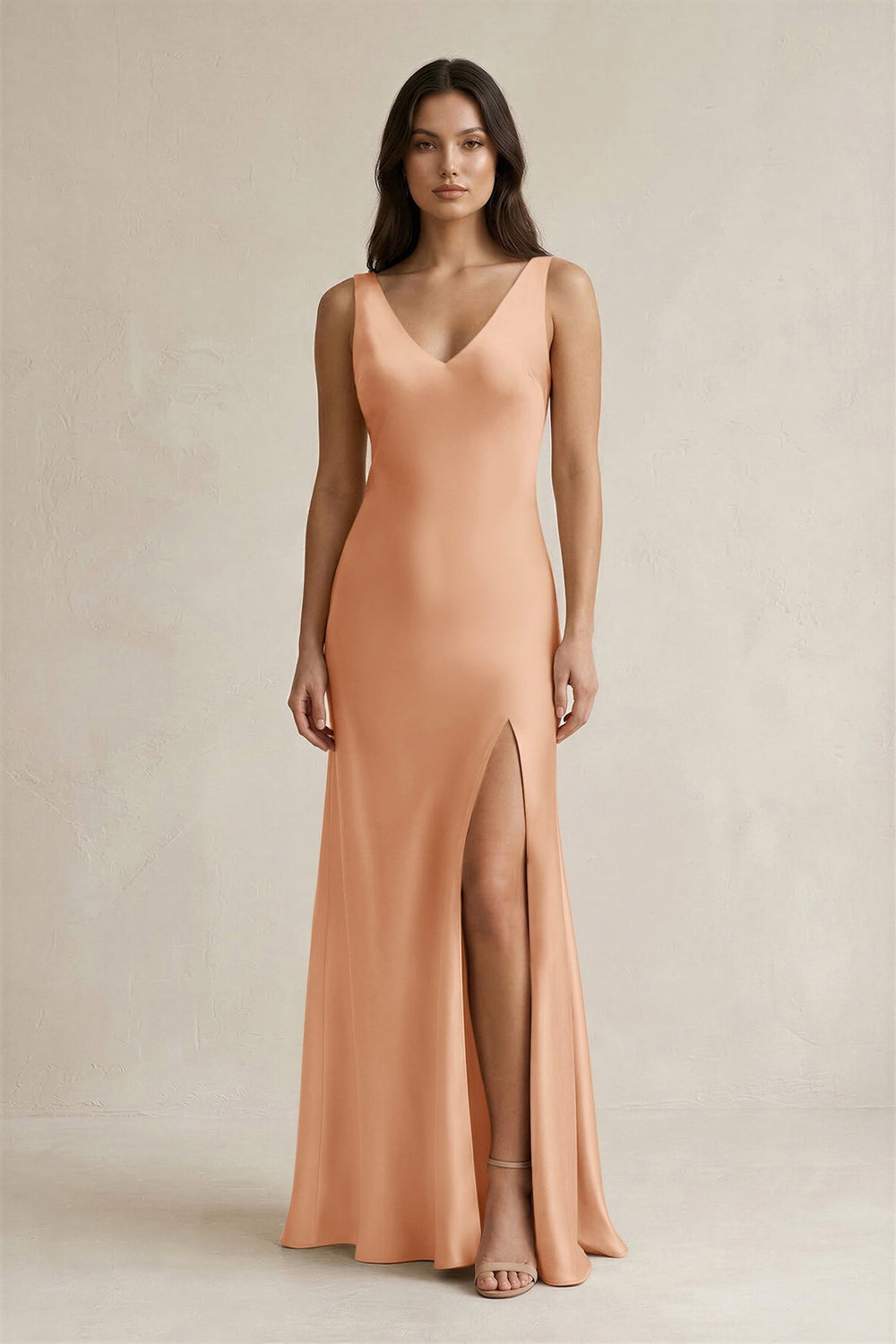 V-neck Sheath Satin Bridesmaid Dress With Back Bow in Golden Champagne