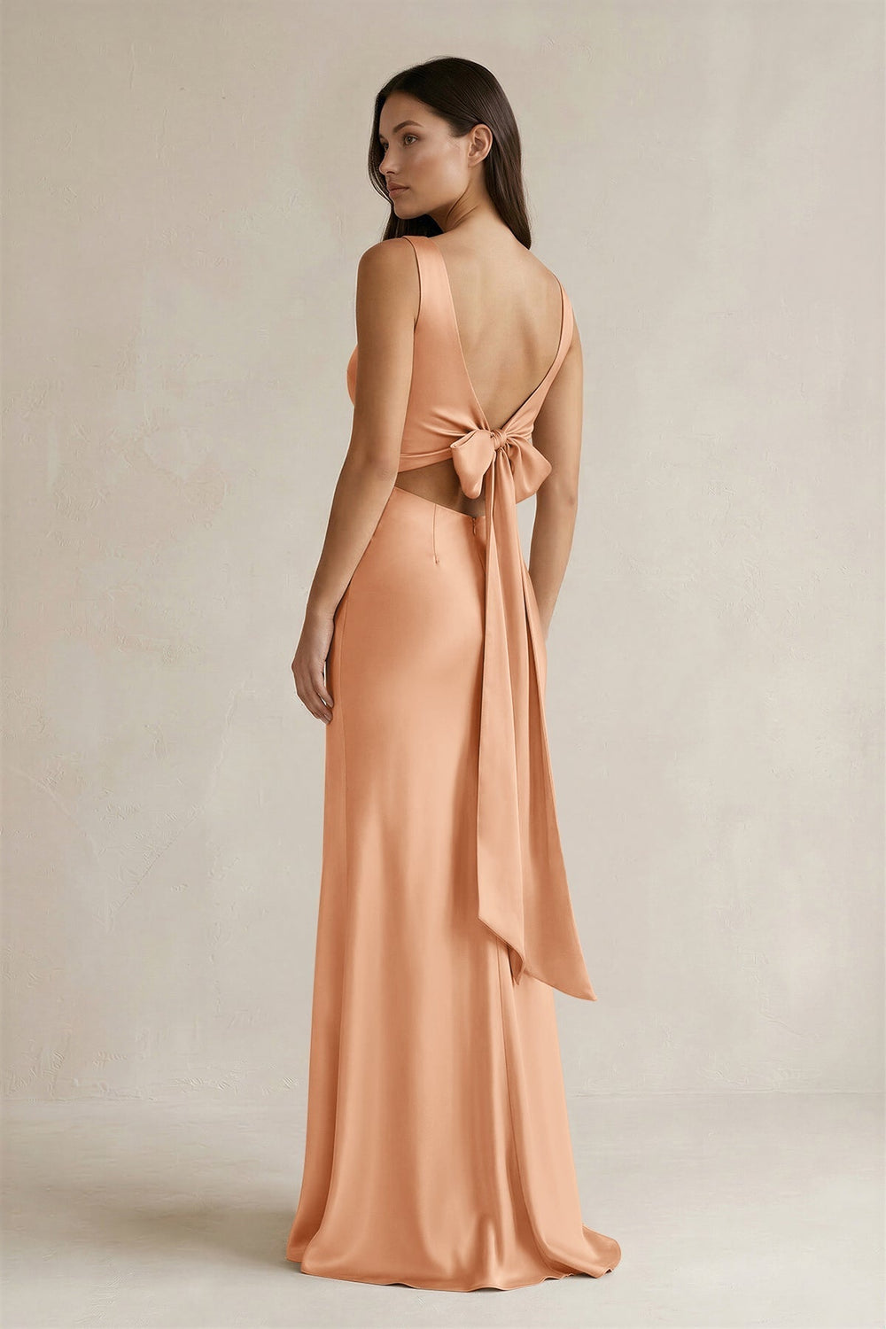 V-neck Sheath Satin Bridesmaid Dress With Back Bow in Golden Champagne
