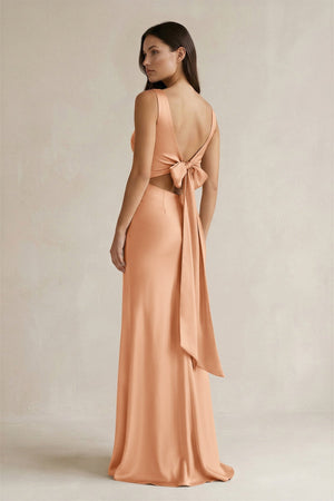 V - neck Sheath Satin Bridesmaid Dress With Back Bow in Golden Champagne - KISS BRIDAL Bridesmaid Dresses