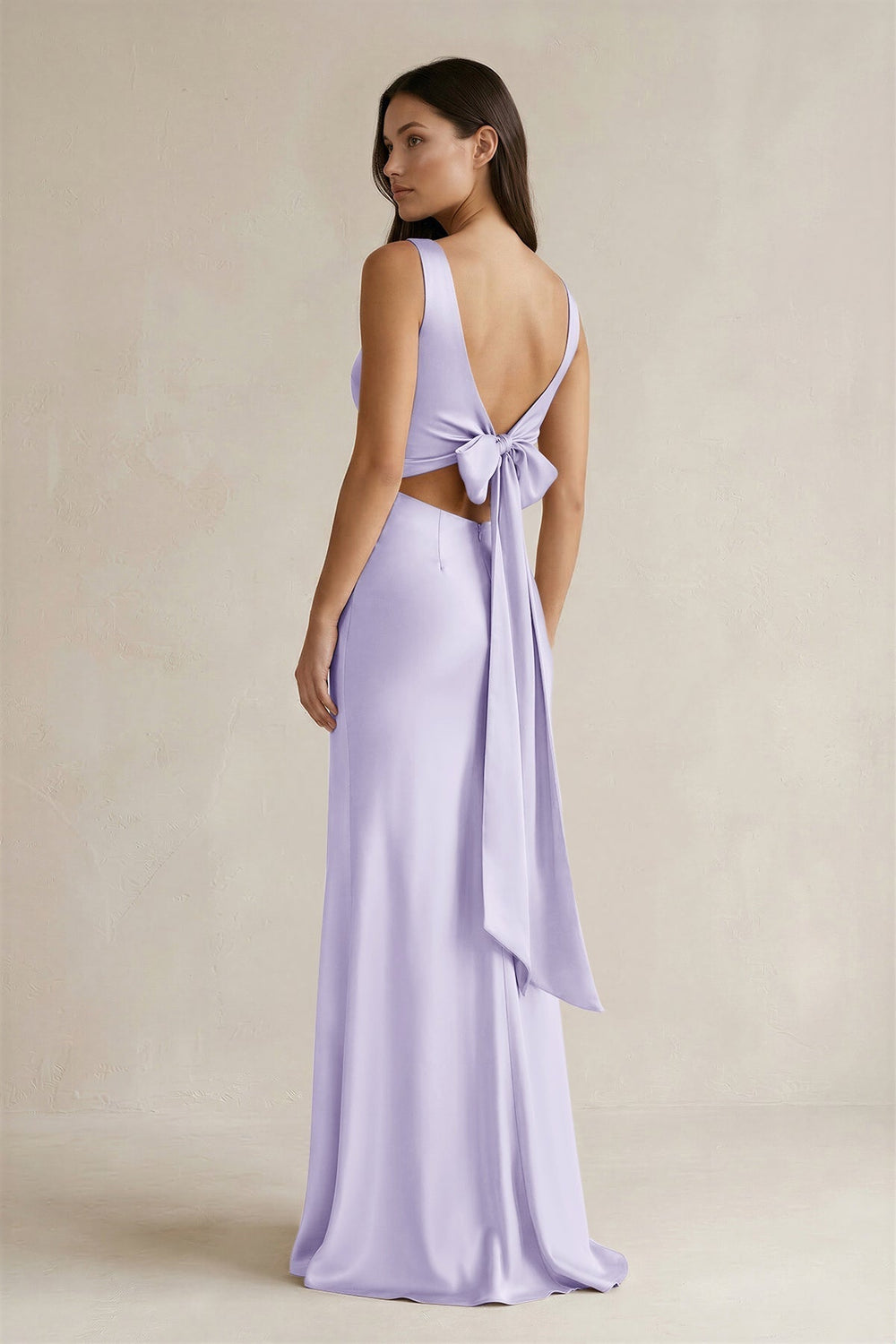 V-neck Sheath Satin Bridesmaid Dress With Back Bow in Lavender