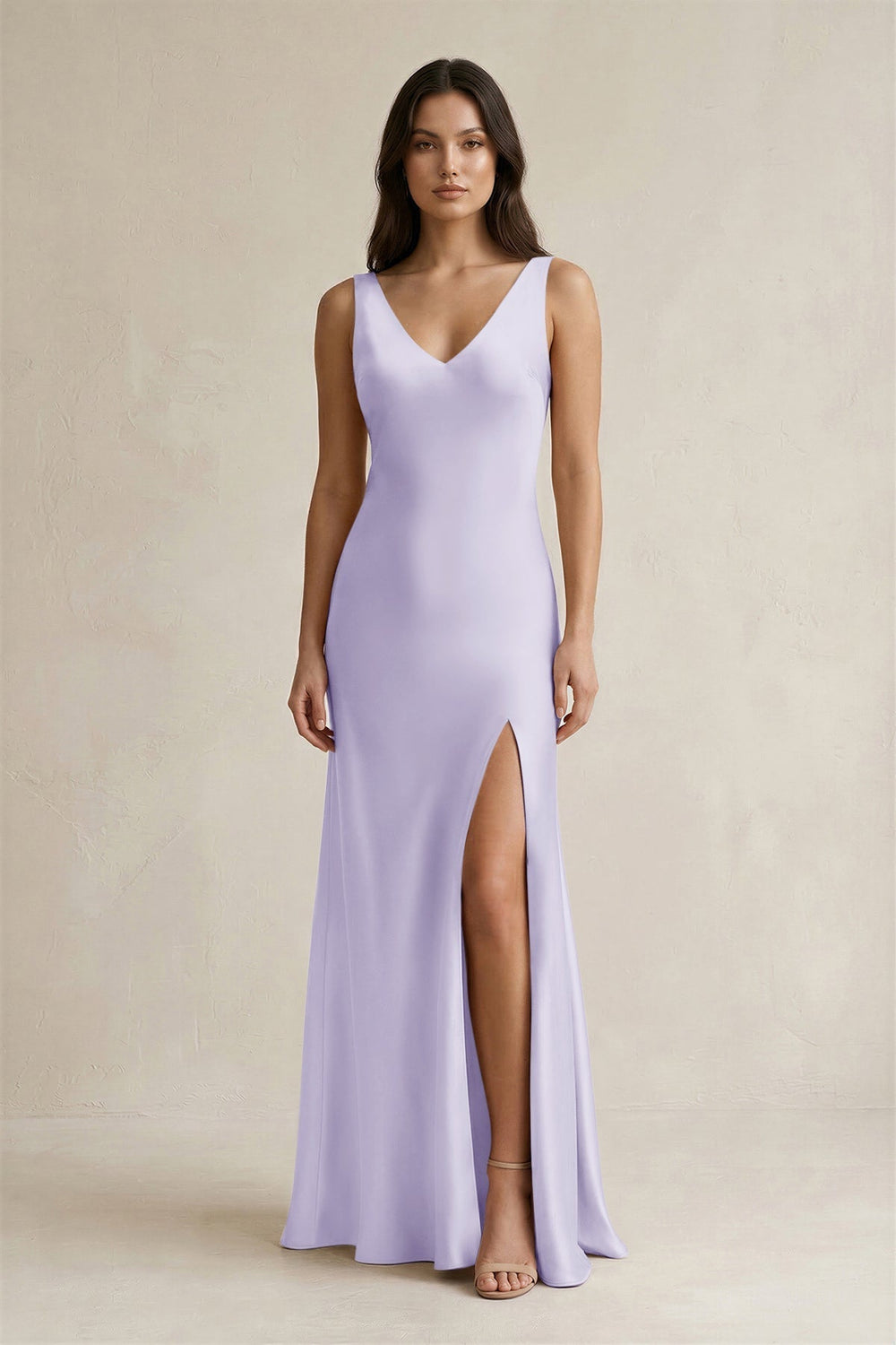 V-neck Sheath Satin Bridesmaid Dress With Back Bow in Lavender