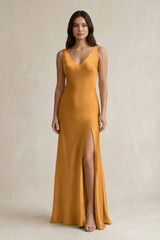 V - neck Sheath Satin Bridesmaid Dress With Back Bow in Marigold - KISS BRIDAL Bridesmaid Dresses