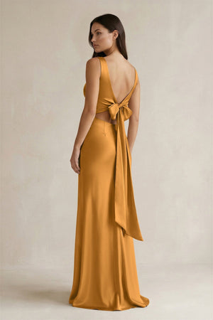 V - neck Sheath Satin Bridesmaid Dress With Back Bow in Marigold - KISS BRIDAL Bridesmaid Dresses