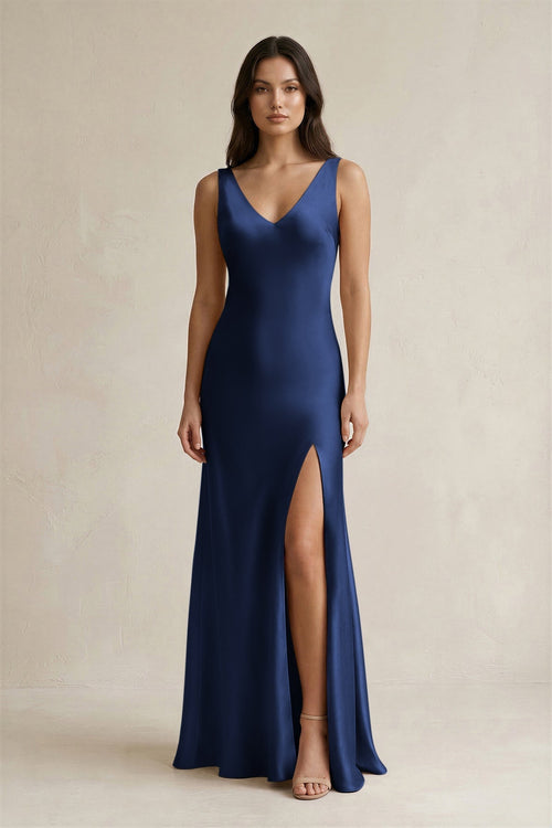 V - neck Sheath Satin Bridesmaid Dress With Back Bow in Navy - KISS BRIDAL Bridesmaid Dresses