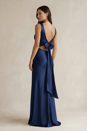 V - neck Sheath Satin Bridesmaid Dress With Back Bow in Navy - KISS BRIDAL Bridesmaid Dresses
