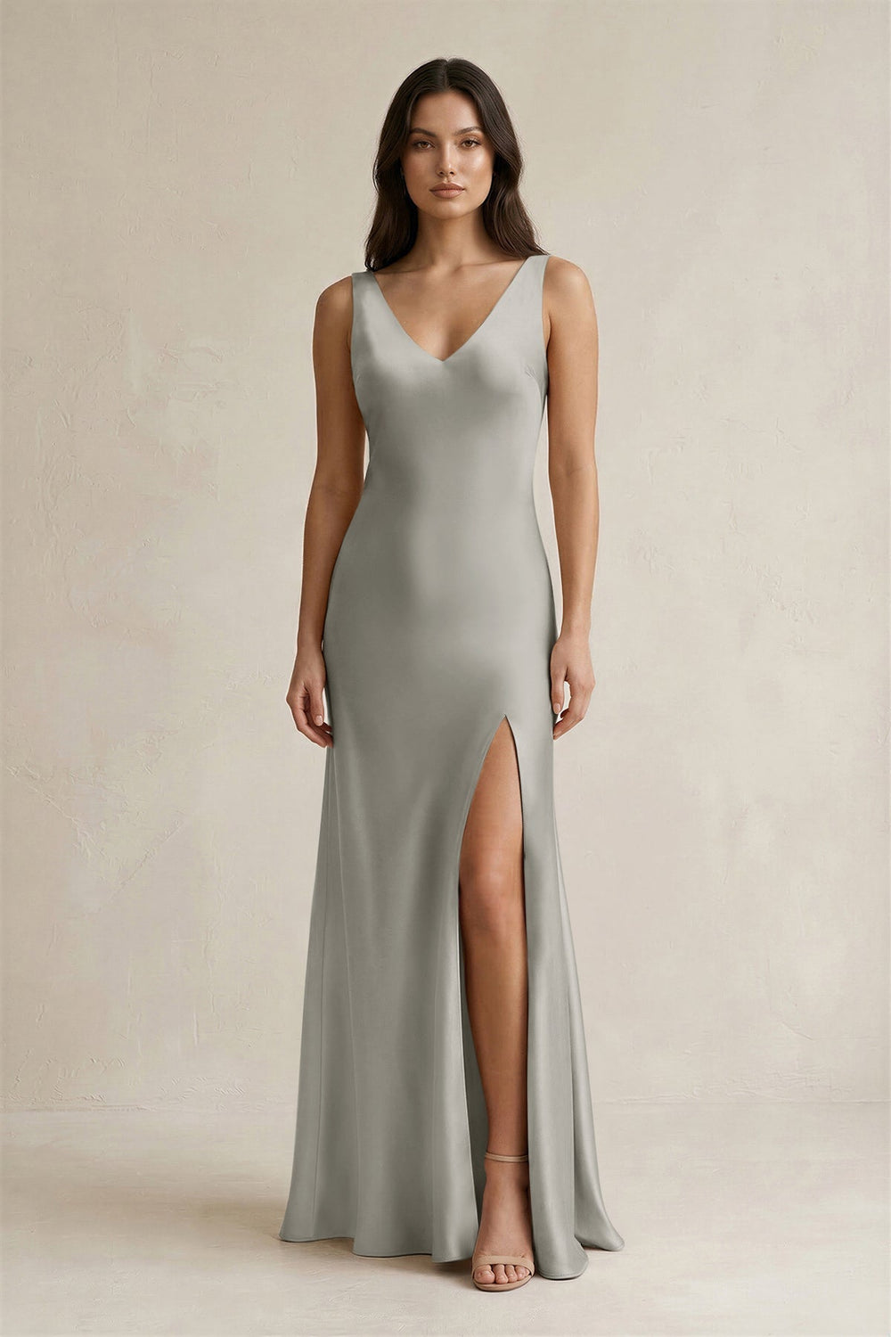 V-neck Sheath Satin Bridesmaid Dress With Back Bow in Silver