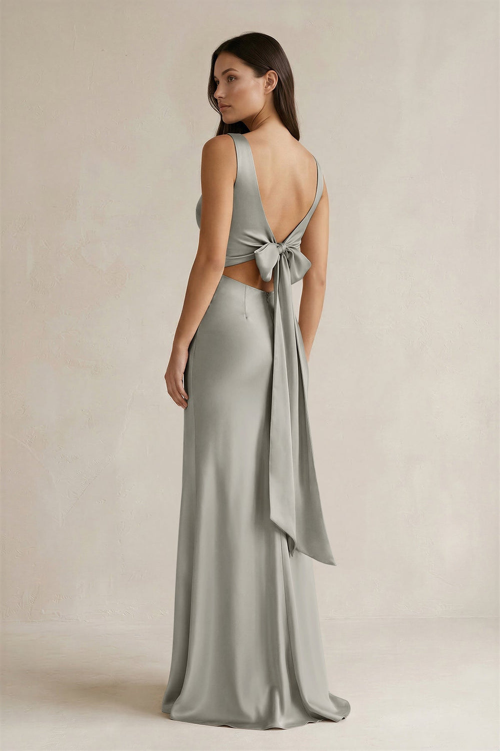 V-neck Sheath Satin Bridesmaid Dress With Back Bow in Silver