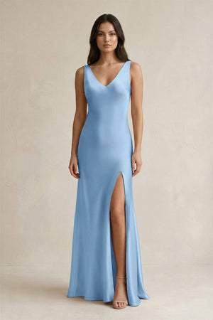 V - neck Sheath Satin Bridesmaid Dress With Back Bow in Sky Blue - KISS BRIDAL Bridesmaid Dresses