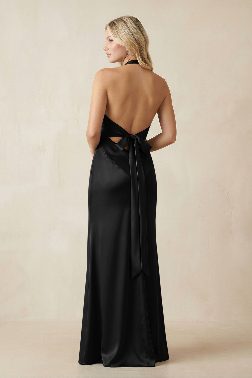 V-Neck Sheath Satin Bridesmaid Dress with Bow in Black