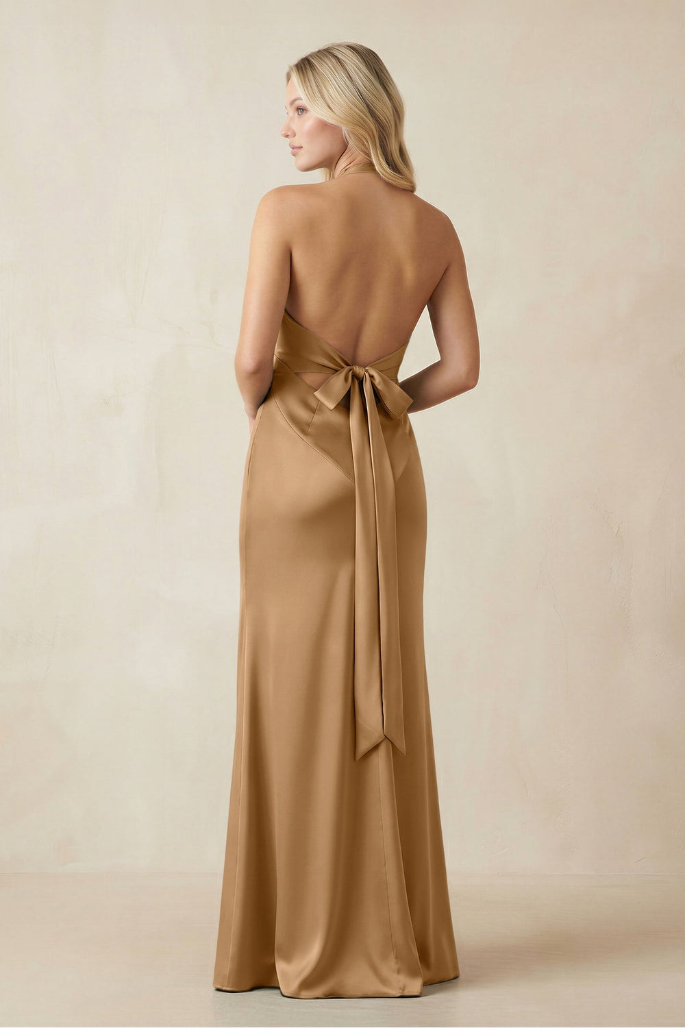 V-Neck Sheath Satin Bridesmaid Dress with Bow in Bronzer
