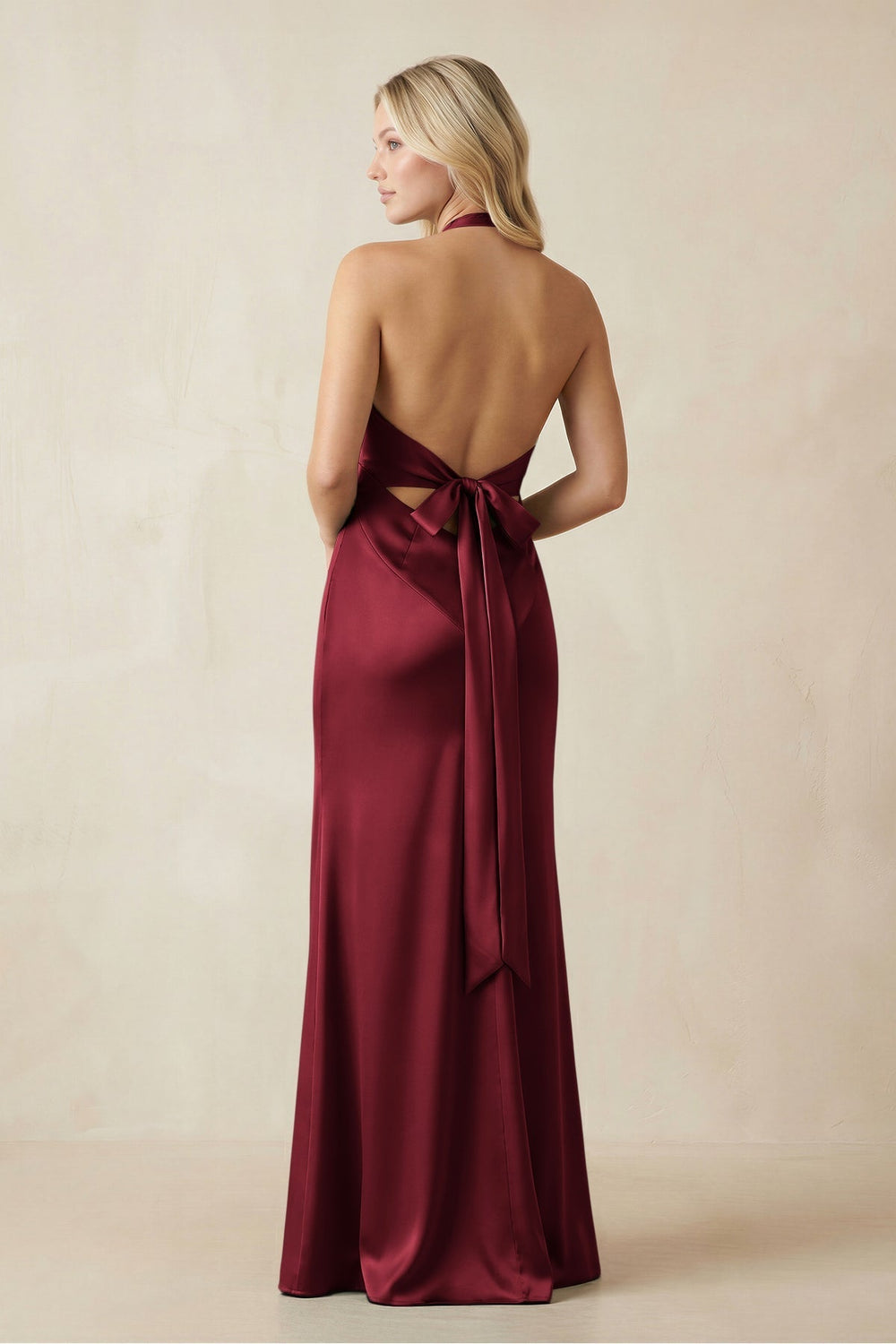 V-Neck Sheath Satin Bridesmaid Dress with Bow in Burgundy