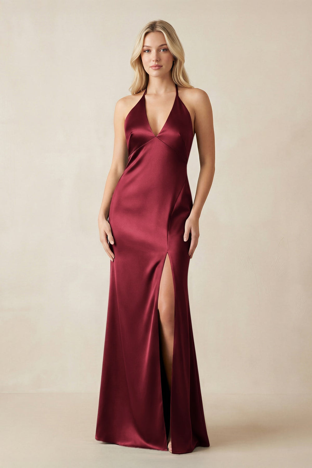 V-Neck Sheath Satin Bridesmaid Dress with Bow in Burgundy