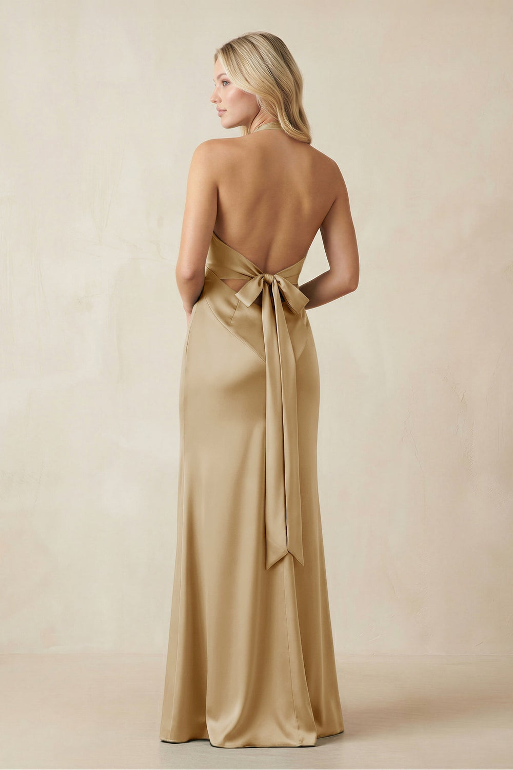 V-Neck Sheath Satin Bridesmaid Dress with Bow in Champagne