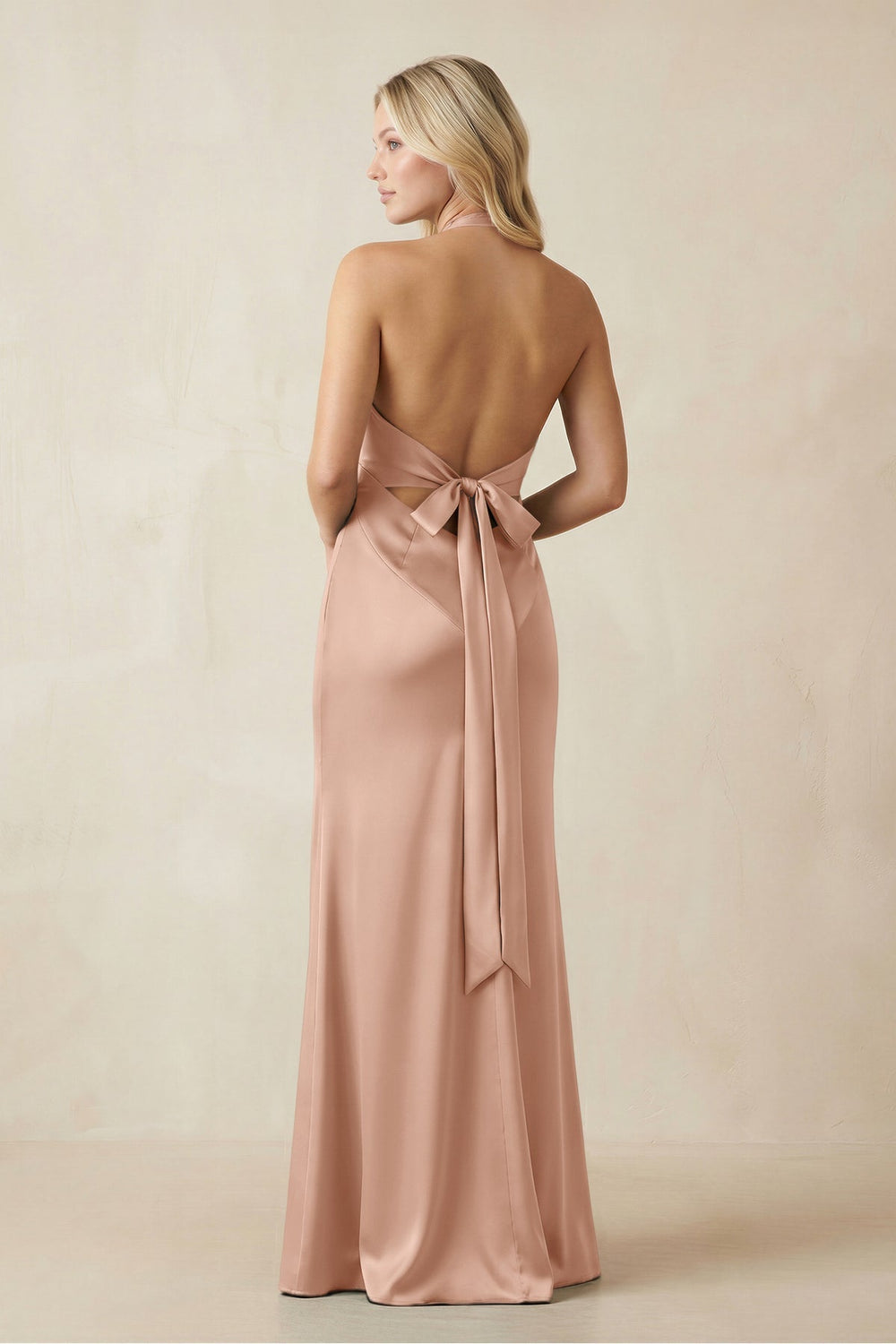 V-Neck Sheath Satin Bridesmaid Dress with Bow in Champagne Rose