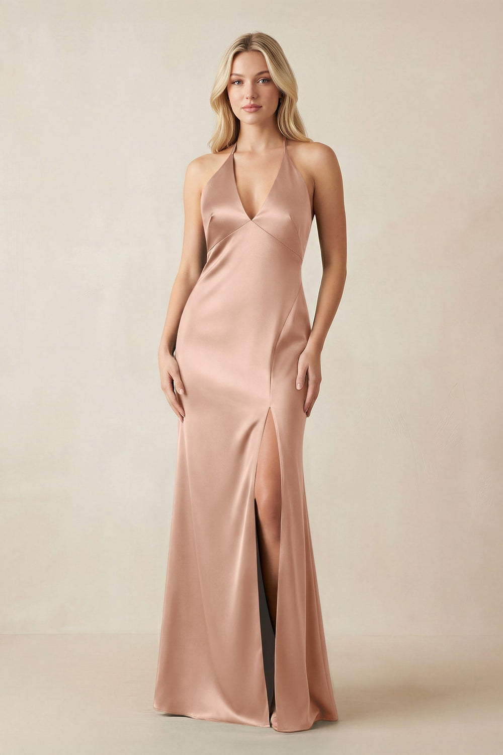 V-Neck Sheath Satin Bridesmaid Dress with Bow in Champagne Rose