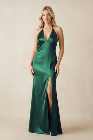 V - Neck Sheath Satin Bridesmaid Dress with Bow in Dark Green - KISS BRIDAL Bridesmaid Dresses