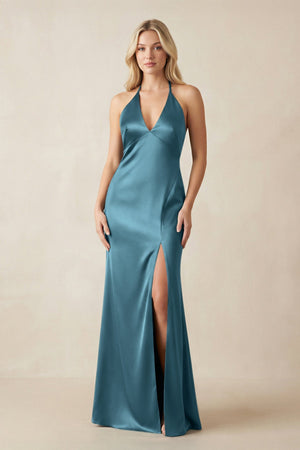 V - Neck Sheath Satin Bridesmaid Dress with Bow in Dark Teal - KISS BRIDAL Bridesmaid Dresses