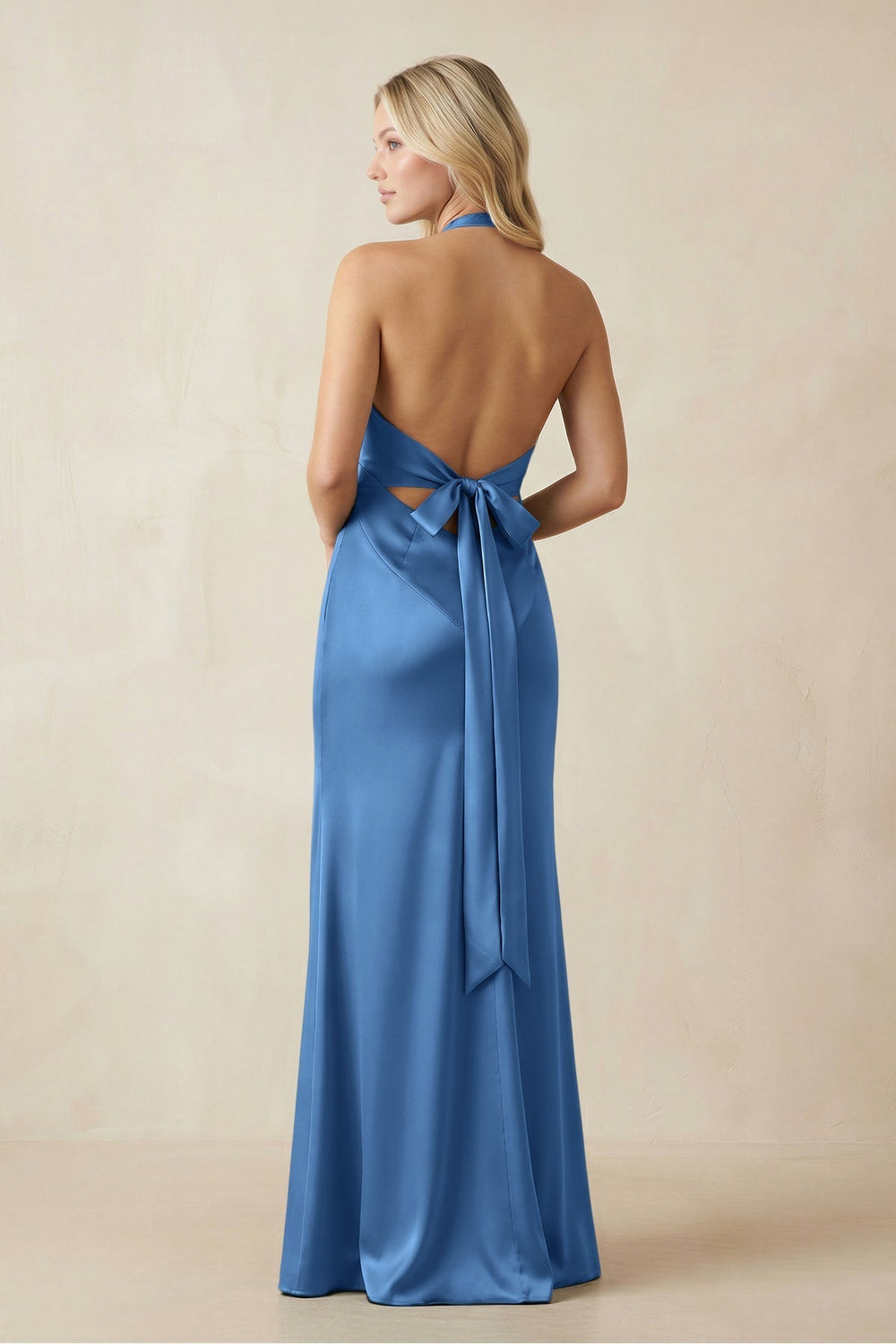 V-Neck Sheath Satin Bridesmaid Dress with Bow in Dusty Blue