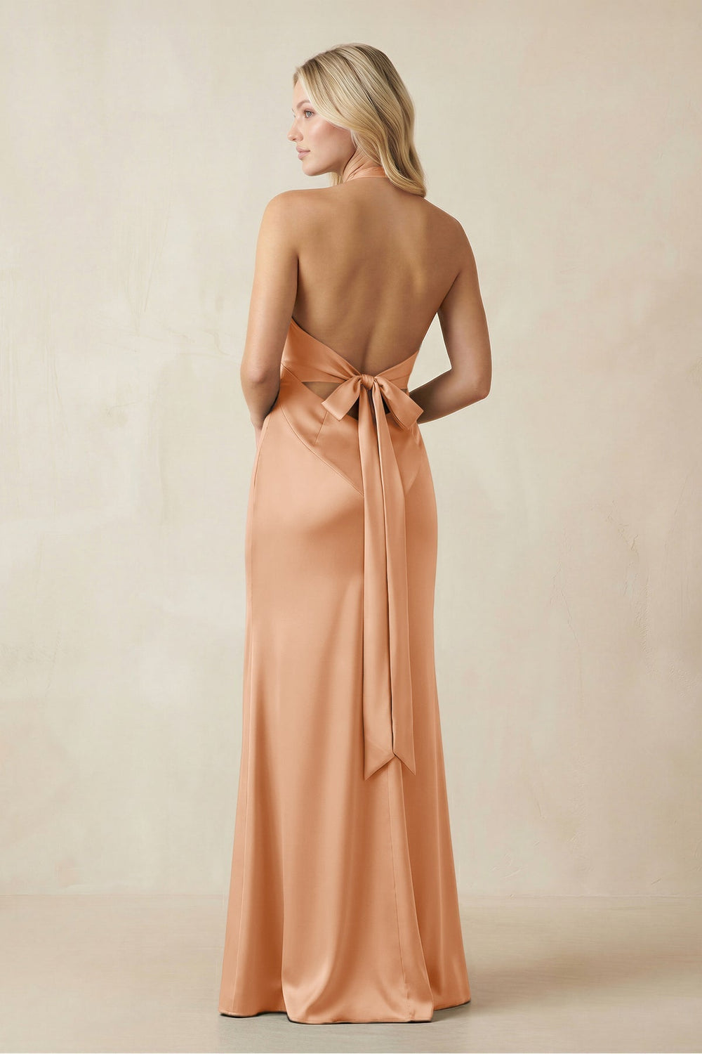 V-Neck Sheath Satin Bridesmaid Dress with Bow in Golden Champagne