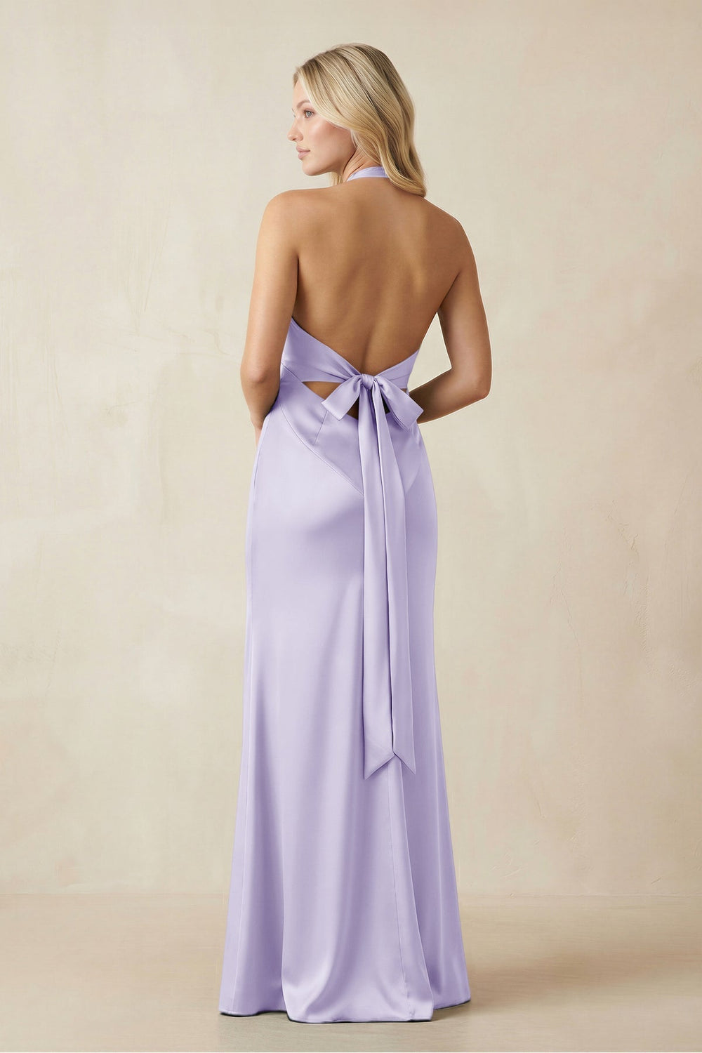V-Neck Sheath Satin Bridesmaid Dress with Bow in Lavender