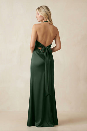V - Neck Sheath Satin Bridesmaid Dress with Bow in Moss - KISS BRIDAL Bridesmaid Dresses