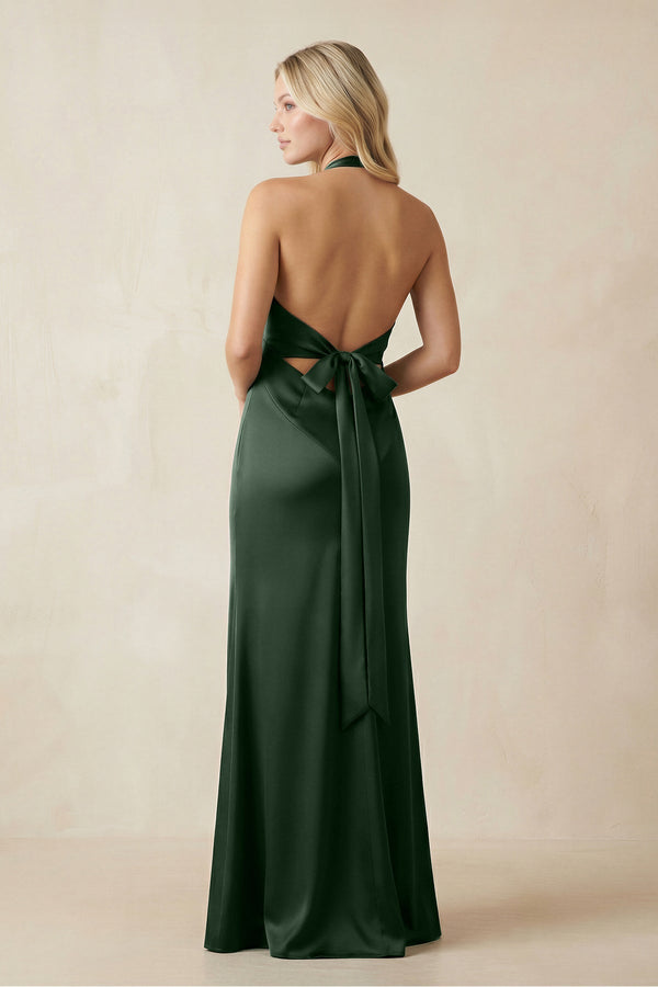 V - Neck Sheath Satin Bridesmaid Dress with Bow in Moss - KISS BRIDAL Bridesmaid Dresses