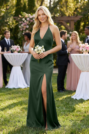 V - Neck Sheath Satin Bridesmaid Dress with Bow in Moss - KISS BRIDAL Bridesmaid Dresses
