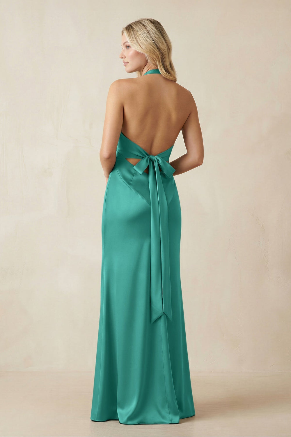 V-Neck Sheath Satin Bridesmaid Dress with Bow in Sea Glass