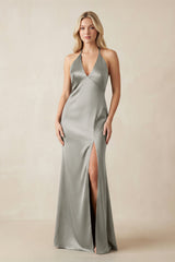 V - Neck Sheath Satin Bridesmaid Dress with Bow in Silver - KISS BRIDAL Bridesmaid Dresses