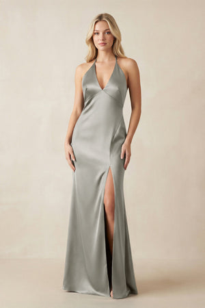 V - Neck Sheath Satin Bridesmaid Dress with Bow in Silver - KISS BRIDAL Bridesmaid Dresses