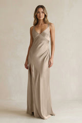 V - Neck Sheath Satin Bridesmaid Dress With Slit in Almond - KISS BRIDAL Bridesmaid Dresses