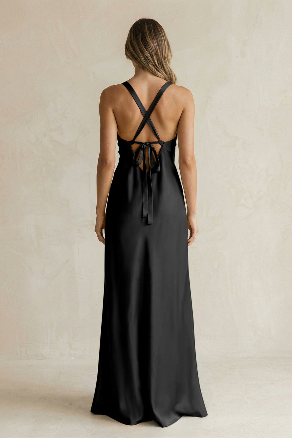 V-Neck Sheath Satin Bridesmaid Dress With Slit in Black