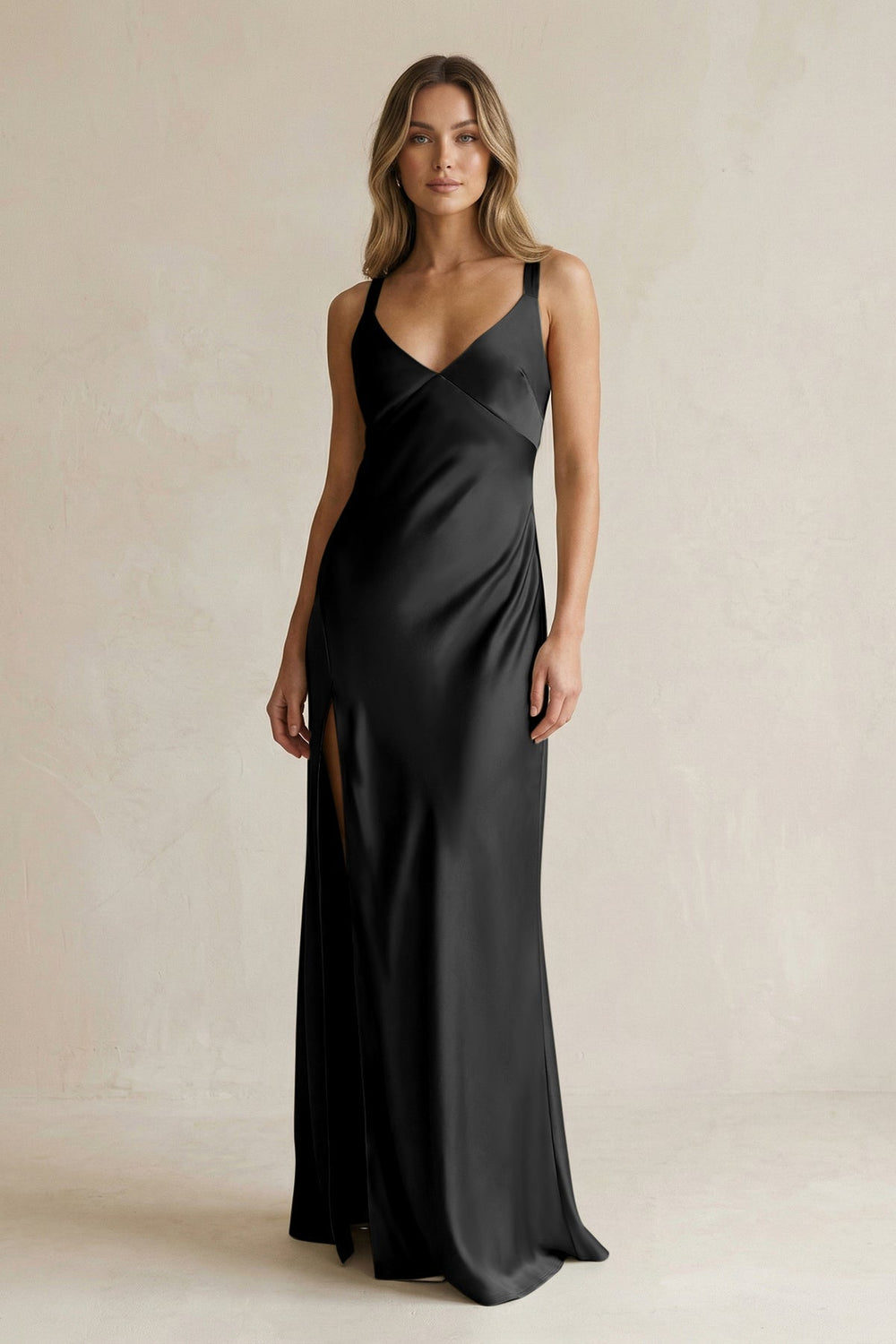 V-Neck Sheath Satin Bridesmaid Dress With Slit in Black