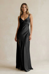 V - Neck Sheath Satin Bridesmaid Dress With Slit in Black - KISS BRIDAL Bridesmaid Dresses