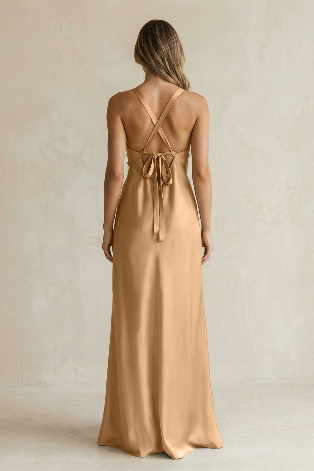 V-Neck Sheath Satin Bridesmaid Dress With Slit in Bronzer