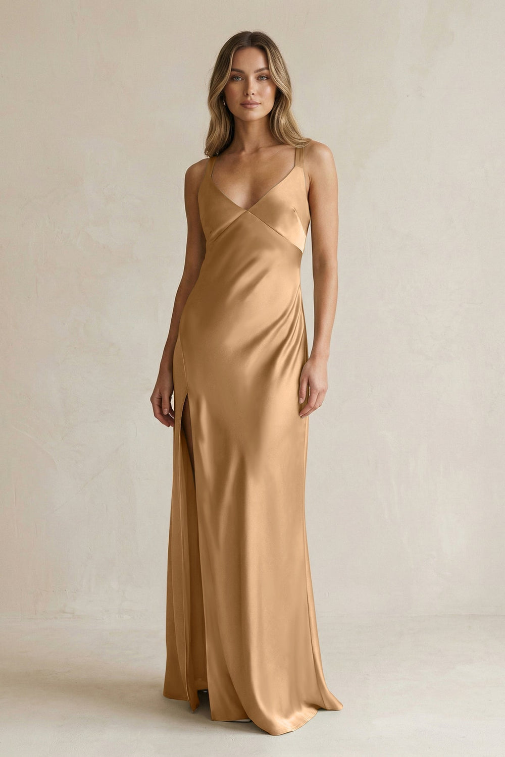 V-Neck Sheath Satin Bridesmaid Dress With Slit in Bronzer