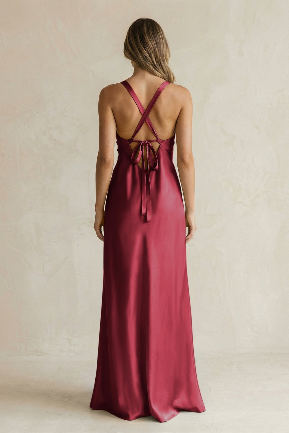 V-Neck Sheath Satin Bridesmaid Dress With Slit in Burgundy